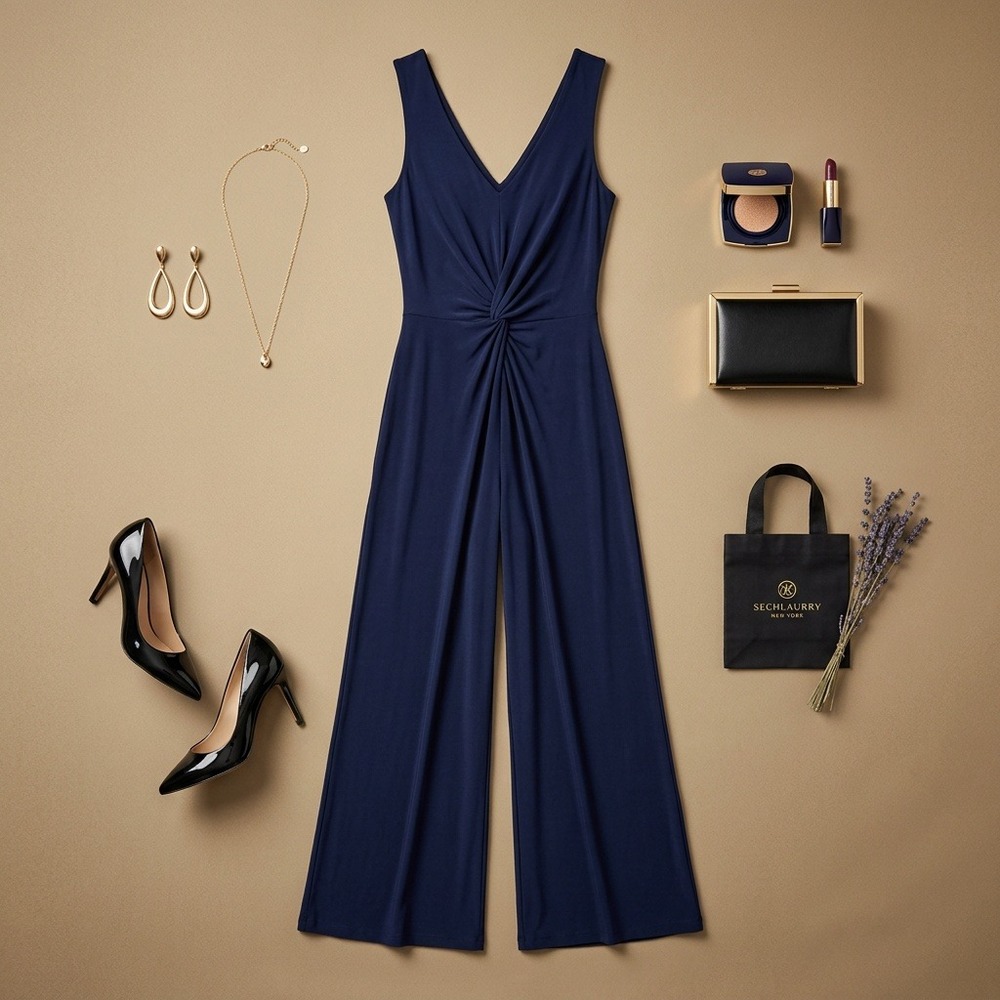 Vanity Room Navy Twist Front Wide Leg Jumpsuit Womens L NWT Made USA